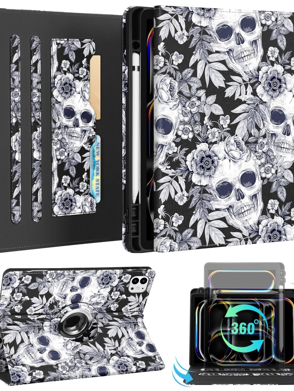 iPad Pro 13 Inch Case Rotating Stand Folio Cover Flower Goth Skull Black/White